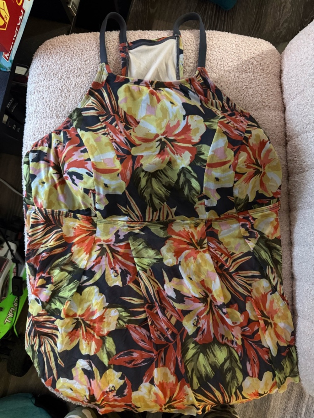 Kona Sol Black Floral High-Neck Bikini Tankini Top with Yellow and Orange Blooms